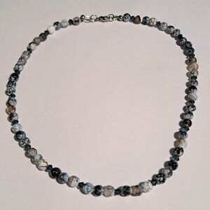 grey white blue multicolored beaded necklace